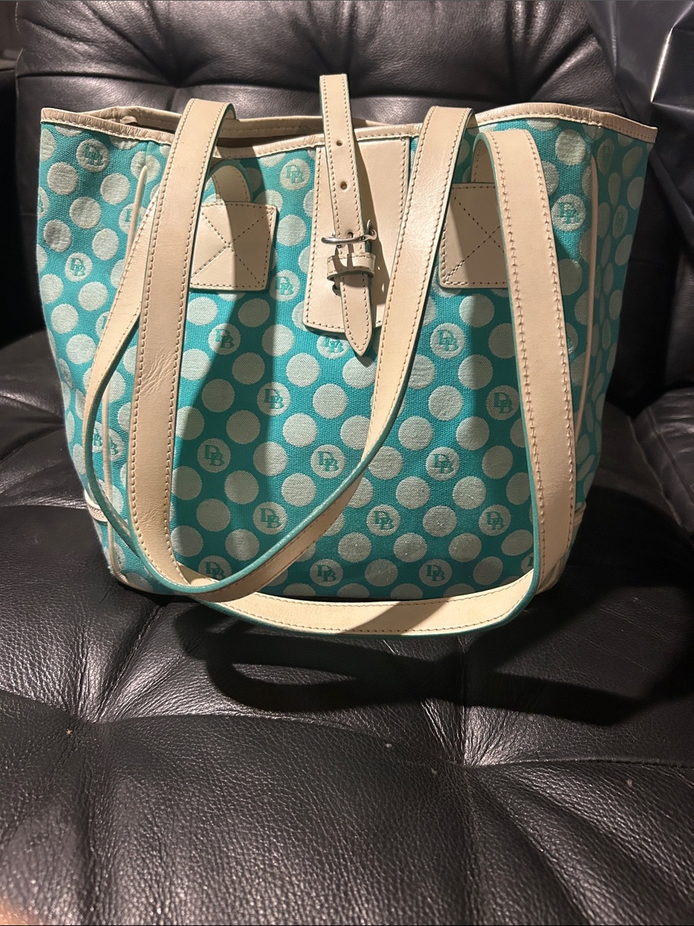 Dooney & Bourke Teal Polka Dot Tote with Cream Trim